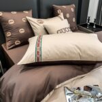 Classic Double G Gucci Luxury Branded Logo Brown Bed Sheet Egyptian Cotton 4 Pieces Bedding Set