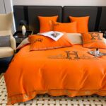 Classic Hermes Orange Luxury Branded Logo Design Bed Sheet Egyptian Cotton 4 Pieces Bedding Set