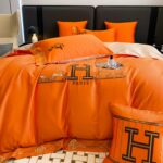 Classic Hermes Orange Luxury Branded Logo Design Bed Sheet Egyptian Cotton 4 Pieces Bedding Set