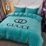 Tiffany Blue Plain Colour Gucci Luxury Branded Logo Design Crystal Velvet Bedding Set