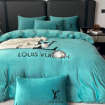 Tiffany Blue Design Plain Louis Vuitton LV Luxury Branded Logo Bed Sheet Crystal Velvet Bedding Set