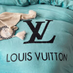 Tiffany Blue Design Plain Louis Vuitton LV Luxury Branded Logo Bed Sheet Crystal Velvet Bedding Set