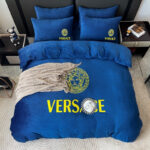 Dark Blue Plain Design Bed Sheet Gold Versace Medusa Luxury Branded Logo Crystal Velvet Bedding Set