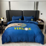 Dark Blue Plain Design Bed Sheet Gold Versace Medusa Luxury Branded Logo Crystal Velvet Bedding Set