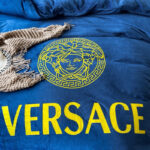 Dark Blue Plain Design Bed Sheet Gold Versace Medusa Luxury Branded Logo Crystal Velvet Bedding Set