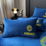 Dark Blue Plain Design Bed Sheet Gold Versace Medusa Luxury Branded Logo Crystal Velvet Bedding Set