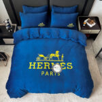 Dark Blue Plain Colour Crystal Velvet Yellow Hermes Luxury Branded Logo Bedding Set