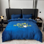 Dark Blue Plain Colour Crystal Velvet Yellow Hermes Luxury Branded Logo Bedding Set