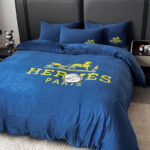 Dark Blue Plain Colour Crystal Velvet Yellow Hermes Luxury Branded Logo Bedding Set