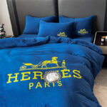 Dark Blue Plain Colour Crystal Velvet Yellow Hermes Luxury Branded Logo Bedding Set