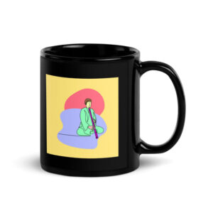 A Man Playing A Pipe Black Glossy Mug