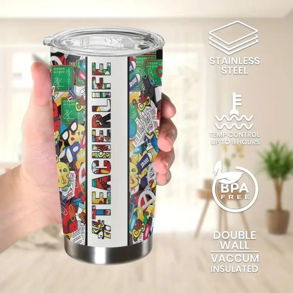 20oz Stainless Steel Tumbler Double Wall Insulated with "Teacher Life" Design - a Perfect Gift.