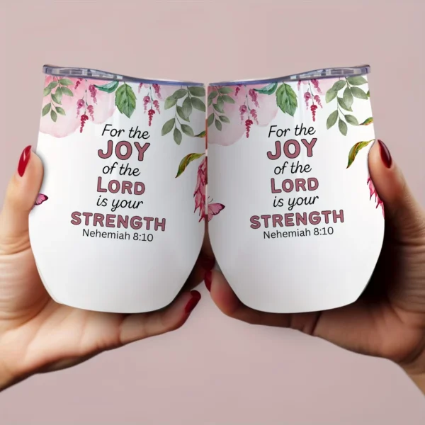 12oz Stainless Steel Coffee Mug with Lid - Inspirational Bible Verse Nehemiah 8:10, Protea Floral Design - Ideal gift.