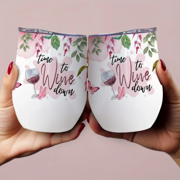12oz Stainless Steel Coffee Mug with Lid - "Time to Wine Down" Print Design - Ideal gift.