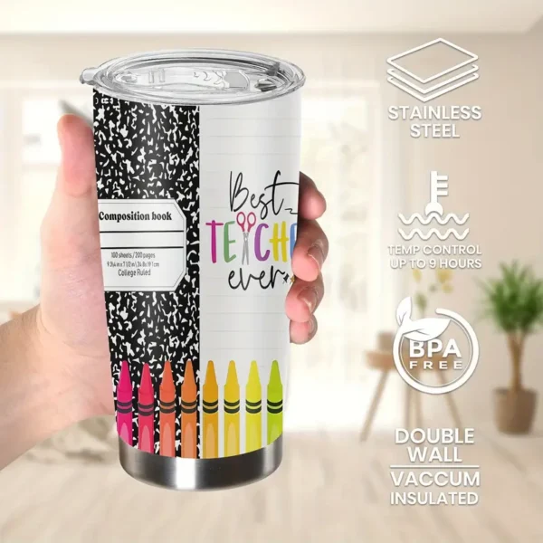 20oz Stainless Steel Tumbler Double Wall Insulated with "Best Teacher Ever" Design- a Perfect Gift.