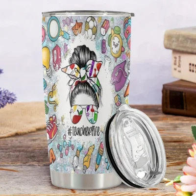 20oz Stainless Steel Tumbler Double Wall Insulated with "Teacher Life" Design - a Perfect Gift.