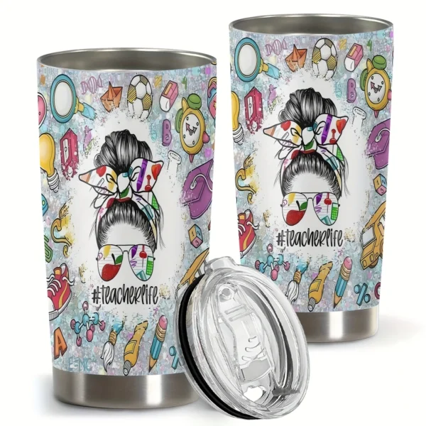 20oz Stainless Steel Tumbler Double Wall Insulated with "Teacher Life" Design - a Perfect Gift.