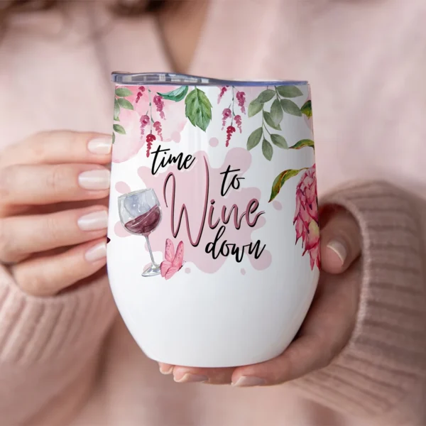 12oz Stainless Steel Coffee Mug with Lid - "Time to Wine Down" Print Design - Ideal gift.