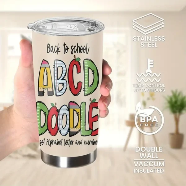 20oz Stainless Steel Tumbler Double Wall Insulated with "Back to School" Design - a Perfect Gift.