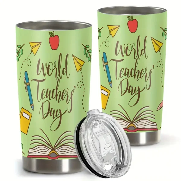 20oz Stainless Steel Tumbler Double Wall Insulated with "World Teacher's Day" Design- a Perfect Gift.