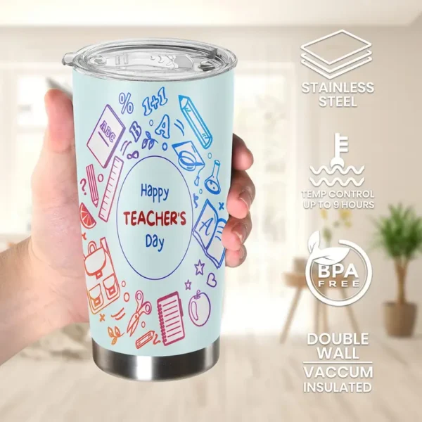 20oz Stainless Steel Tumbler Double Wall Insulated with Happy Teacher's Day Design - a Perfect Gift.