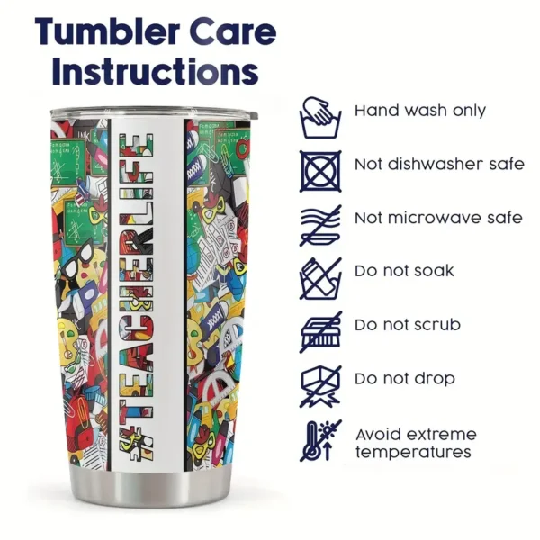 20oz Stainless Steel Tumbler Double Wall Insulated with "Teacher Life" Design - a Perfect Gift.