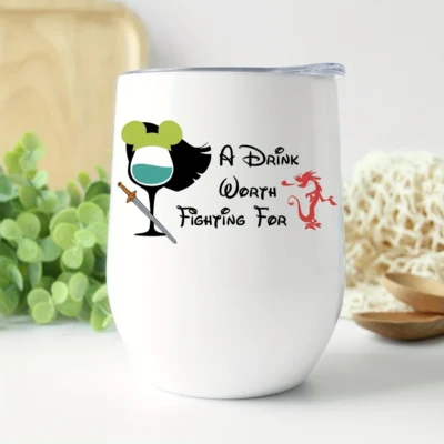 12oz Stainless Steel Coffee Mug with Lid - "A Drink Worth Fighting For" Print Design - Ideal gift.