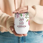 12oz Stainless Steel Coffee Mug with Lid - Inspirational Bible Verse Nehemiah 8:10, Protea Floral Design - Ideal gift.