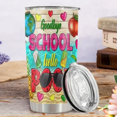 20oz Stainless Steel Tumbler Double Wall Insulated with Goodbye School Hello Pool Design - a Perfect Gift.