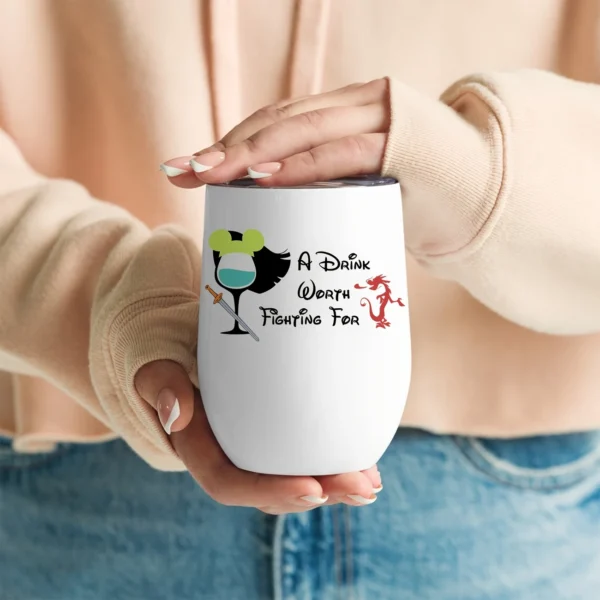 12oz Stainless Steel Coffee Mug with Lid - "A Drink Worth Fighting For" Print Design - Ideal gift.