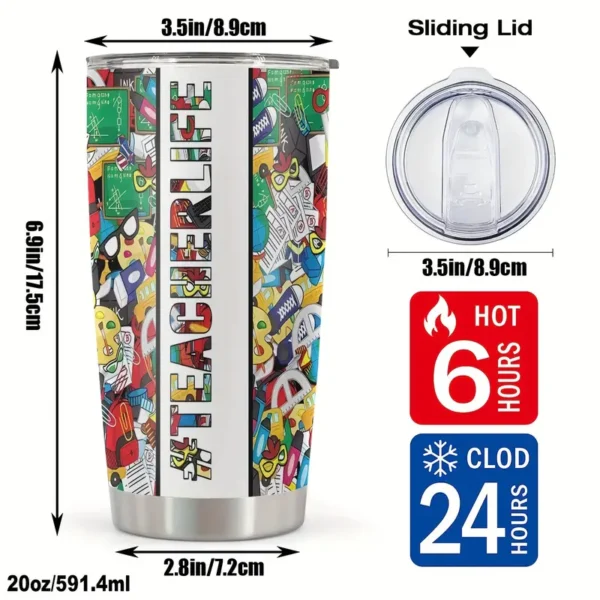 20oz Stainless Steel Tumbler Double Wall Insulated with "Teacher Life" Design - a Perfect Gift.