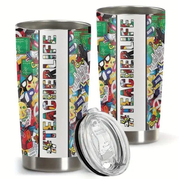 20oz Stainless Steel Tumbler Double Wall Insulated with "Teacher Life" Design - a Perfect Gift.