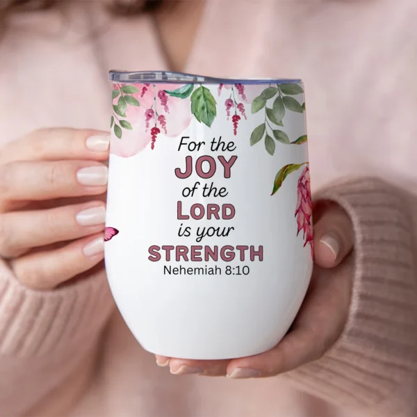 12oz Stainless Steel Coffee Mug with Lid - Inspirational Bible Verse Nehemiah 8:10, Protea Floral Design - Ideal gift.