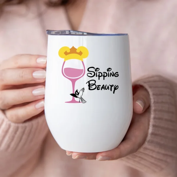 12oz Stainless Steel Coffee Mug with Lid - "Sipping Beauty" Graphic Design - Ideal gift.