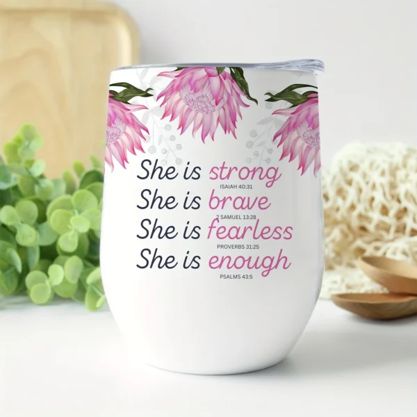 12oz Stainless Steel Coffee Mug with Lid - "She Is Strong" Print Design - Ideal gift.