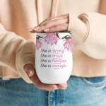 12oz Stainless Steel Coffee Mug with Lid - "She Is Strong" Print Design - Ideal gift.