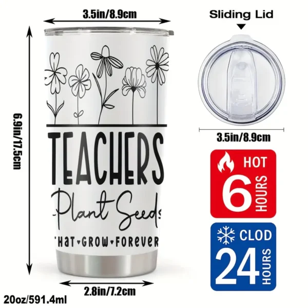 20oz Stainless Steel Tumbler Double Wall Insulated with "Teacher Plant Seeds" Design - a Perfect Gift.