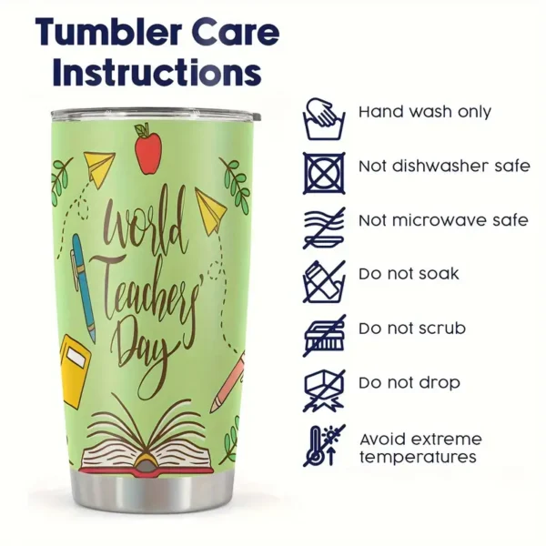 20oz Stainless Steel Tumbler Double Wall Insulated with "World Teacher's Day" Design- a Perfect Gift.