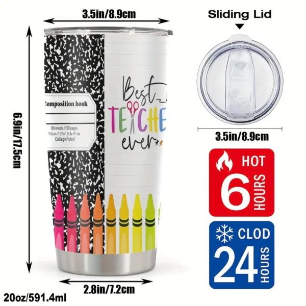 20oz Stainless Steel Tumbler Double Wall Insulated with "Best Teacher Ever" Design- a Perfect Gift.