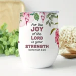 12oz Stainless Steel Coffee Mug with Lid - Inspirational Bible Verse Nehemiah 8:10, Protea Floral Design - Ideal gift.