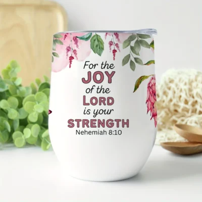 12oz Stainless Steel Coffee Mug with Lid - Inspirational Bible Verse Nehemiah 8:10, Protea Floral Design - Ideal gift.