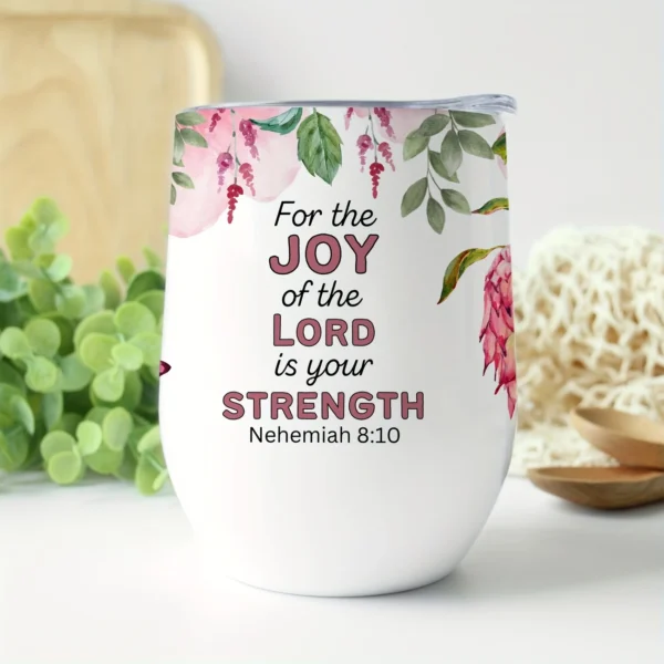 12oz Stainless Steel Coffee Mug with Lid - Inspirational Bible Verse Nehemiah 8:10, Protea Floral Design - Ideal gift.
