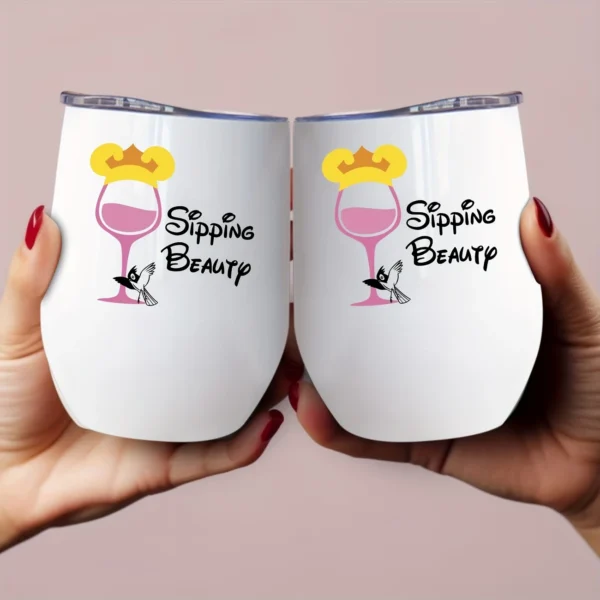 12oz Stainless Steel Coffee Mug with Lid - "Sipping Beauty" Graphic Design - Ideal gift.