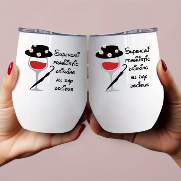 12oz Stainless Steel Coffee Mug with Lid - Super Califragilistic Drinking All Day Docious Print Design - Ideal gift.