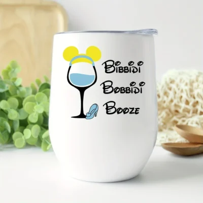12oz Stainless Steel Coffee Mug with Lid - "Bibbidi Bobbidi Booze" Print Design - Ideal gift.