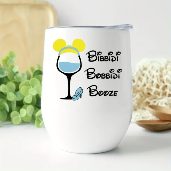 12oz Stainless Steel Coffee Mug with Lid - "Bibbidi Bobbidi Booze" Print Design - Ideal gift.