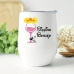 12oz Stainless Steel Coffee Mug with Lid - "Sipping Beauty" Graphic Design - Ideal gift.