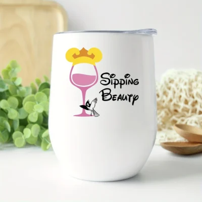 12oz Stainless Steel Coffee Mug with Lid - "Sipping Beauty" Graphic Design - Ideal gift.