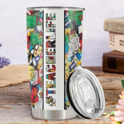 20oz Stainless Steel Tumbler Double Wall Insulated with "Teacher Life" Design - a Perfect Gift.