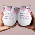 12oz Stainless Steel Coffee Mug with Lid - "She Is Strong" Print Design - Ideal gift.